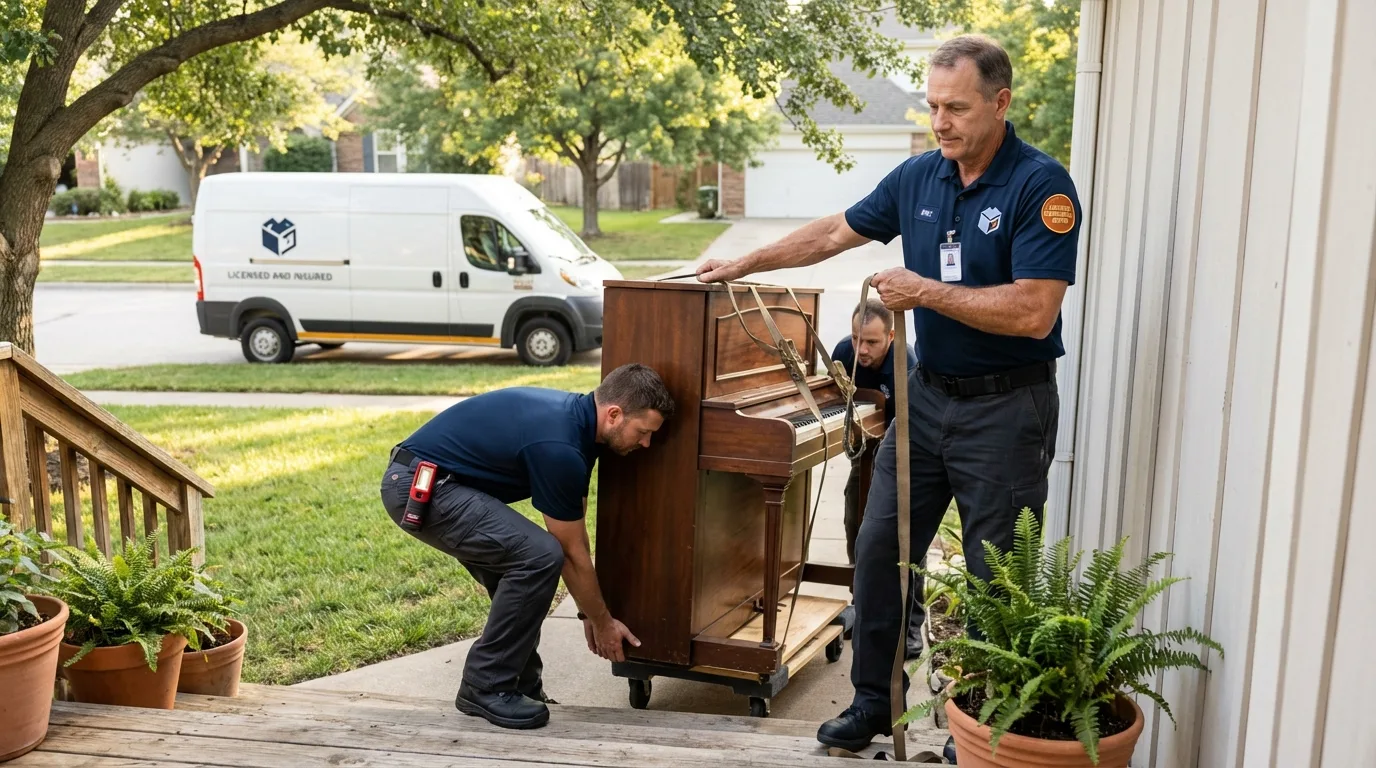 Licensed piano movers securing grand piano in Mount Morris, IL