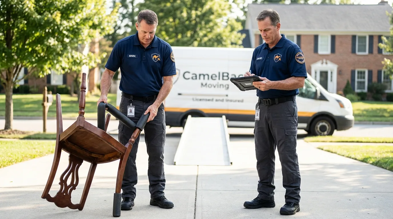 Movers inspecting furniture for damage prevention before loading in Mount Morris, IL