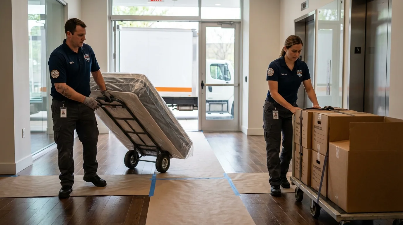Professional apartment movers loading elevator in Mount Morris, IL
