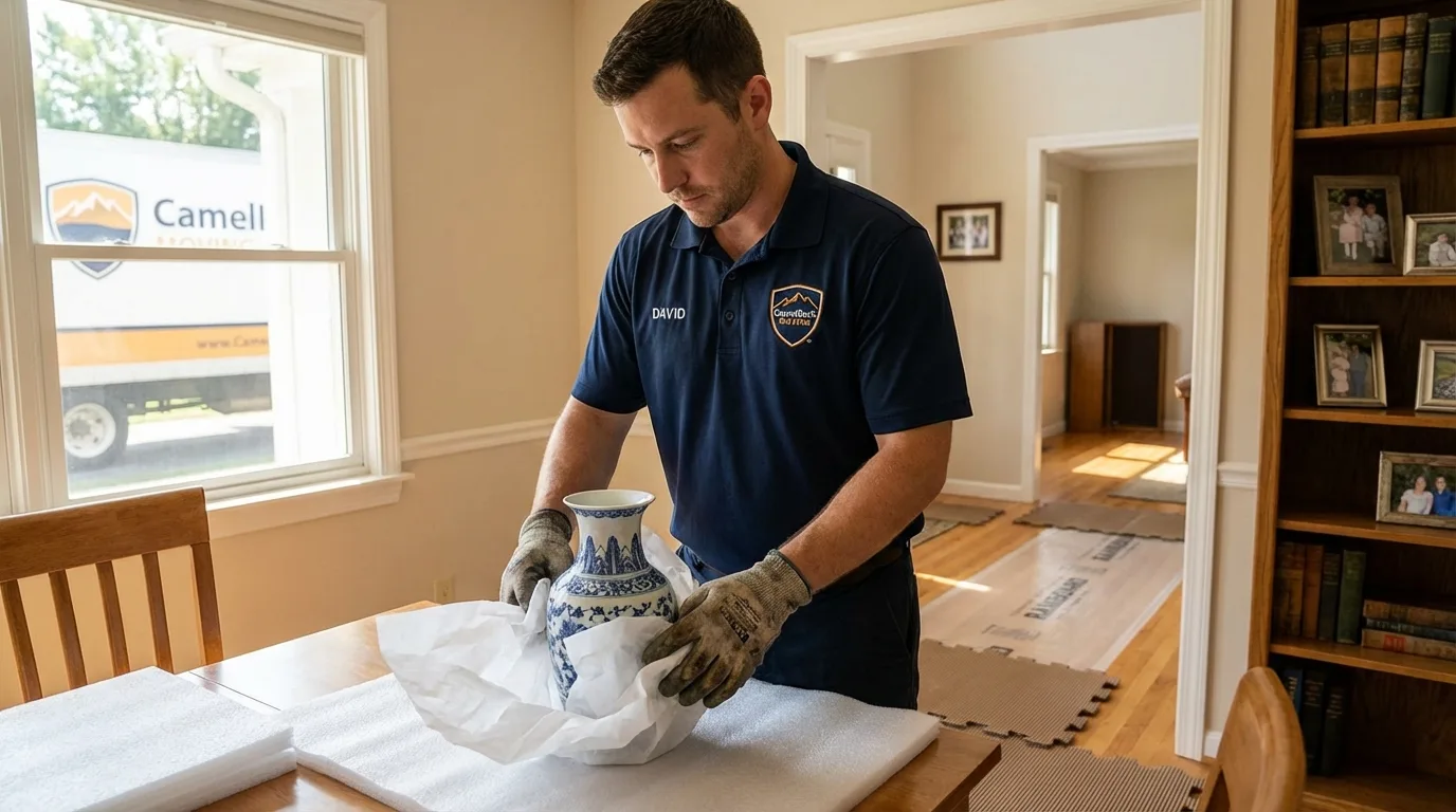 Professional crew carefully wrapping antique vase for senior downsizing move in Mount Morris, IL
